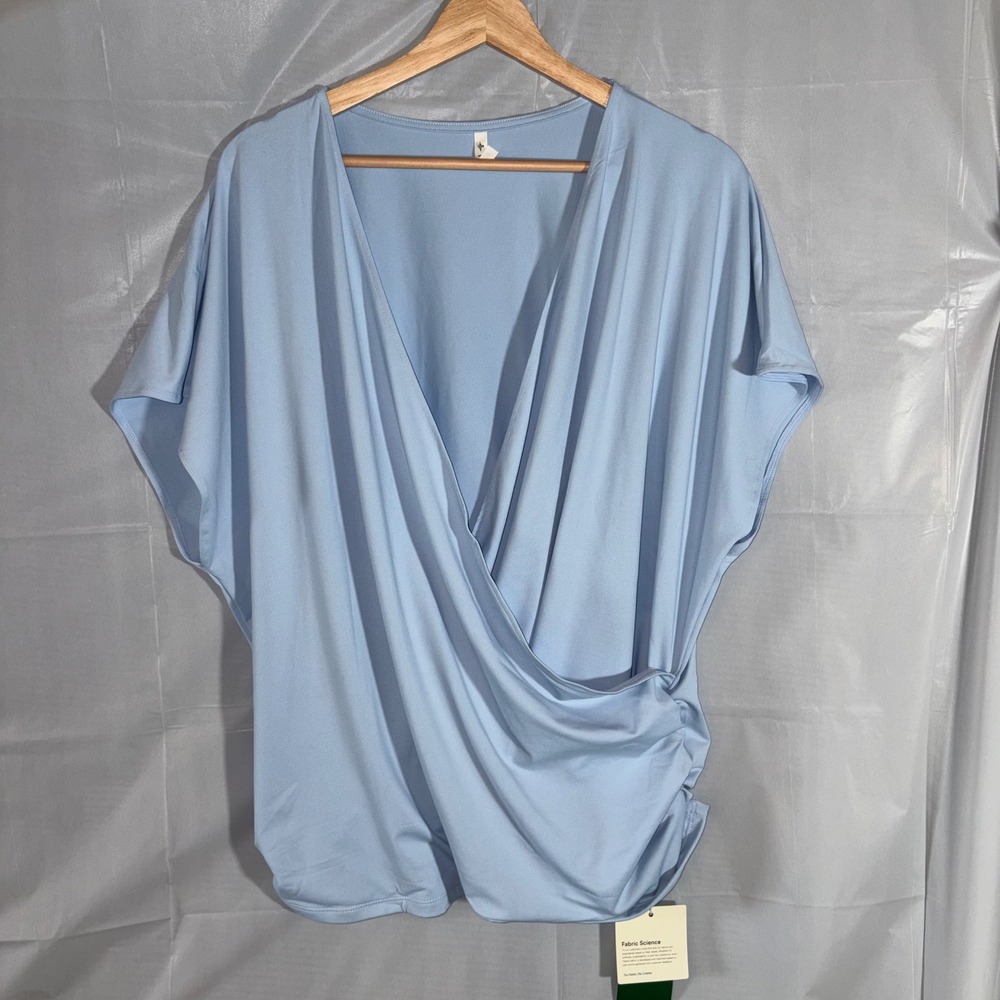 Halara Women 2X Light Blue Surplice Wrap Top Short Sleeve Athleisure V-Neck NEW